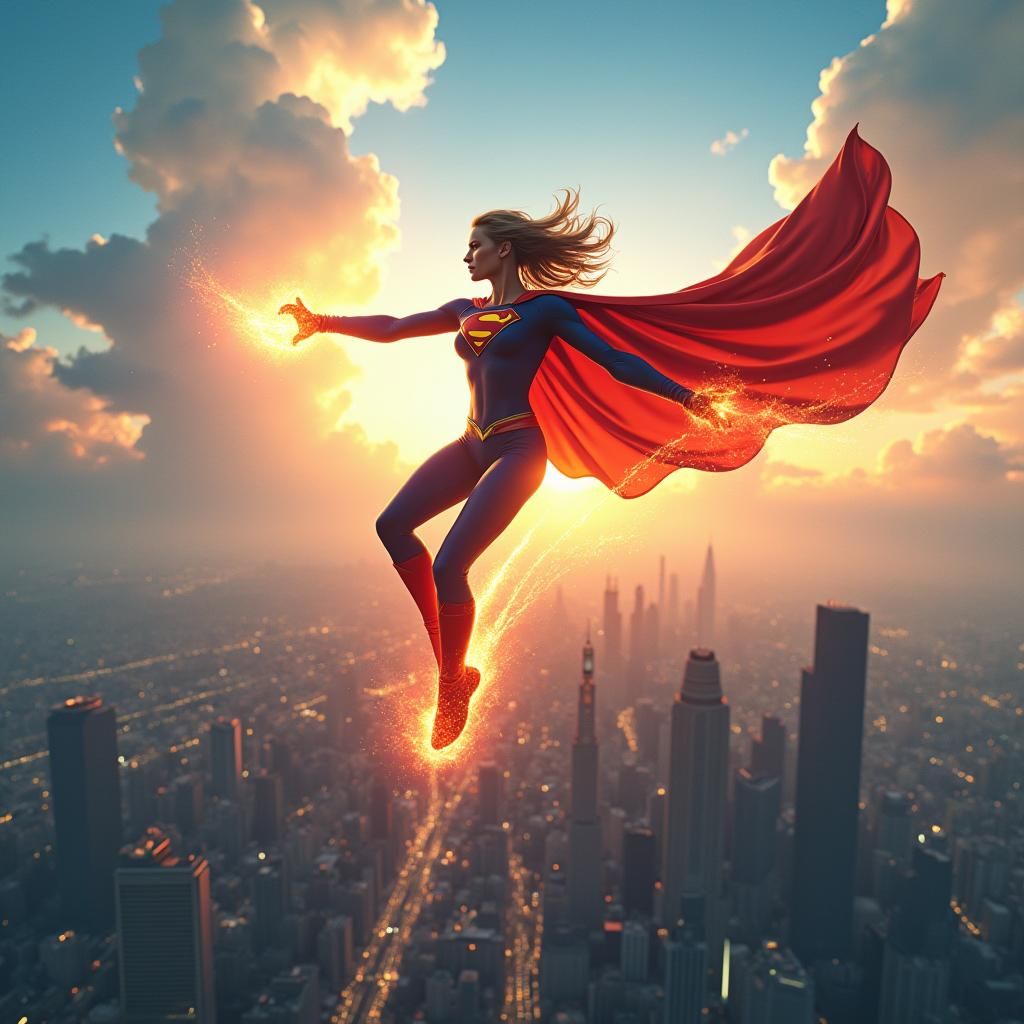 Female Superhero Soaring Through Cityscape