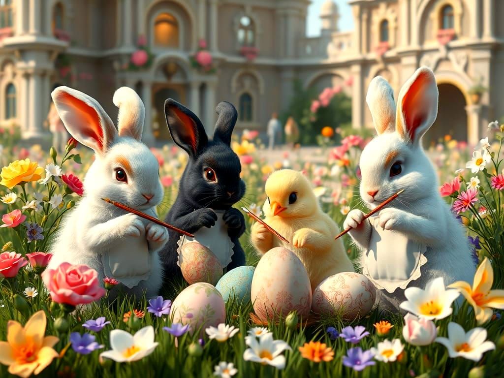 Bunnies Painting Easter Eggs in Renaissance Style