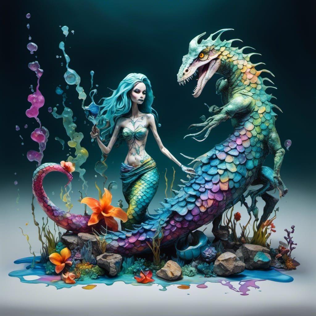 Skeletal Mermaid and Utahraptor Graffiti Art