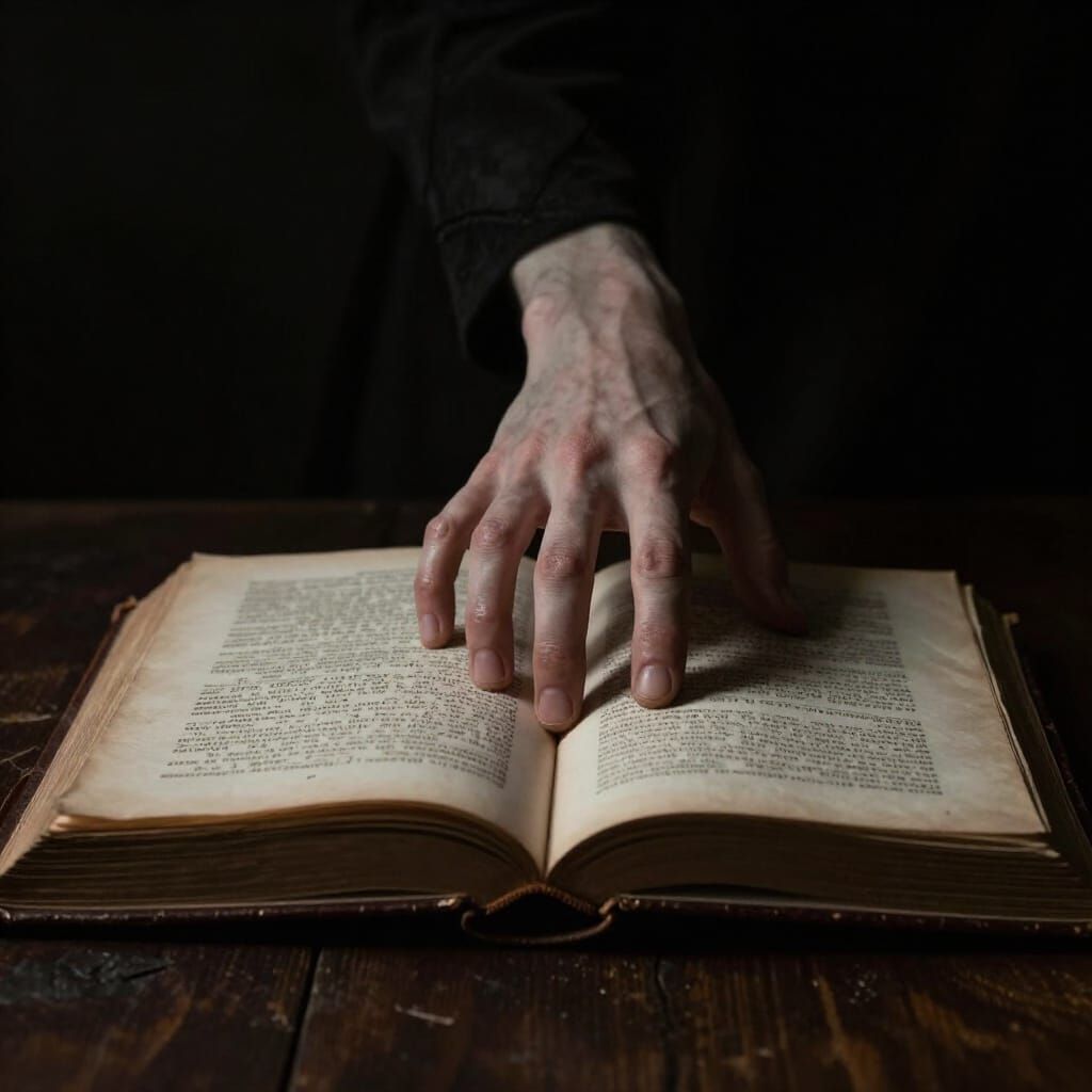 Hand Emerging from Open Book in Dramatic Chiaroscuro