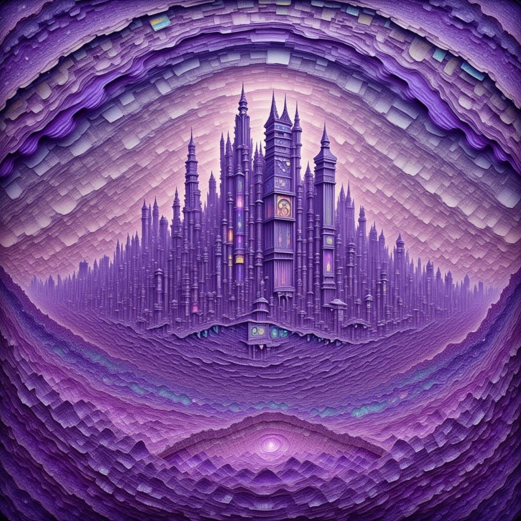 Purple Castles in Geological Landscape, Digital Painting