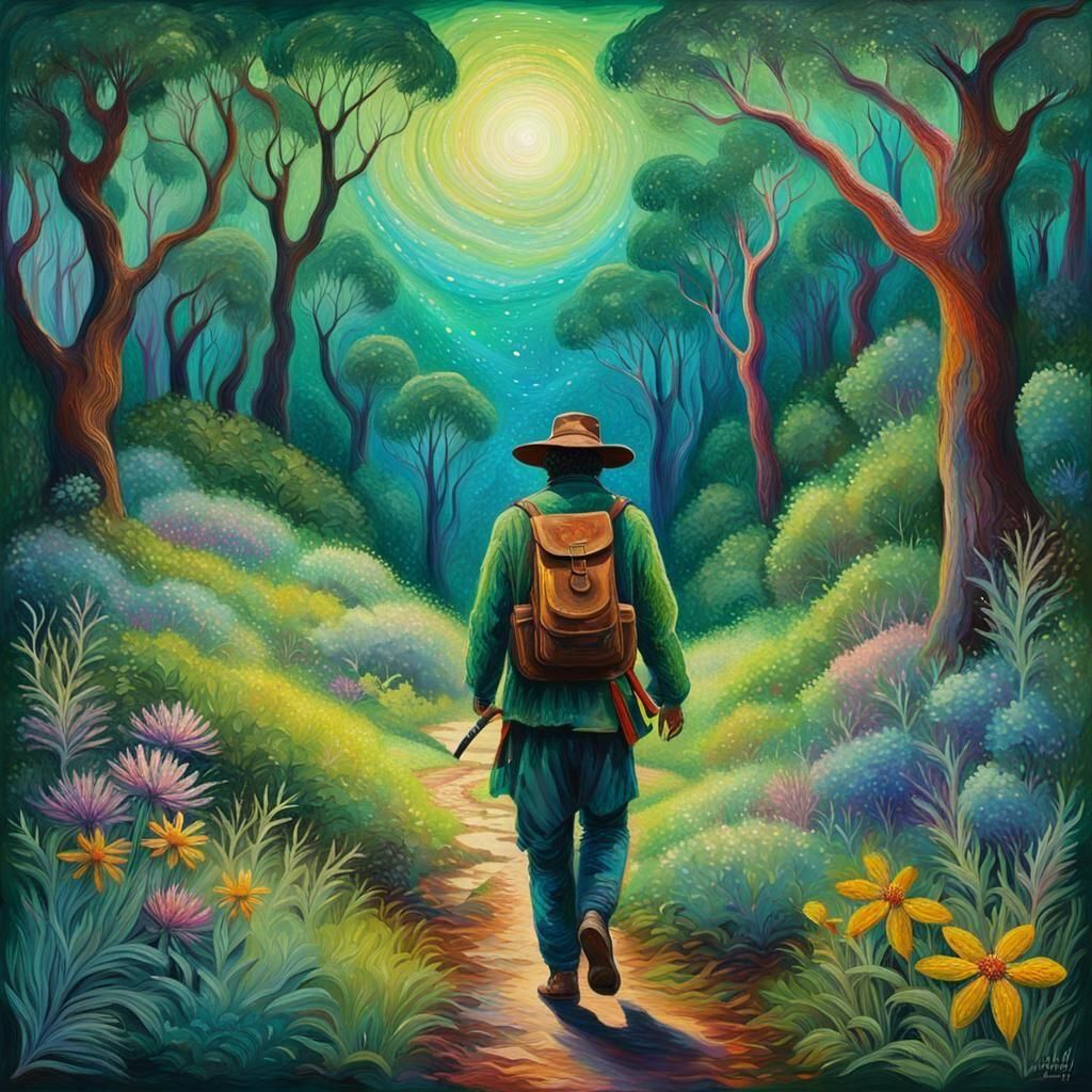 Swagman Roaming Through Bushland in Cosmic Style