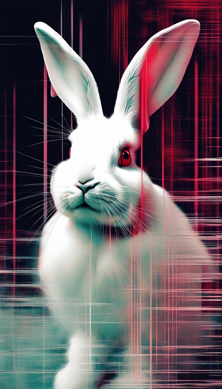 Digital Glitch White Rabbit Abstract Art