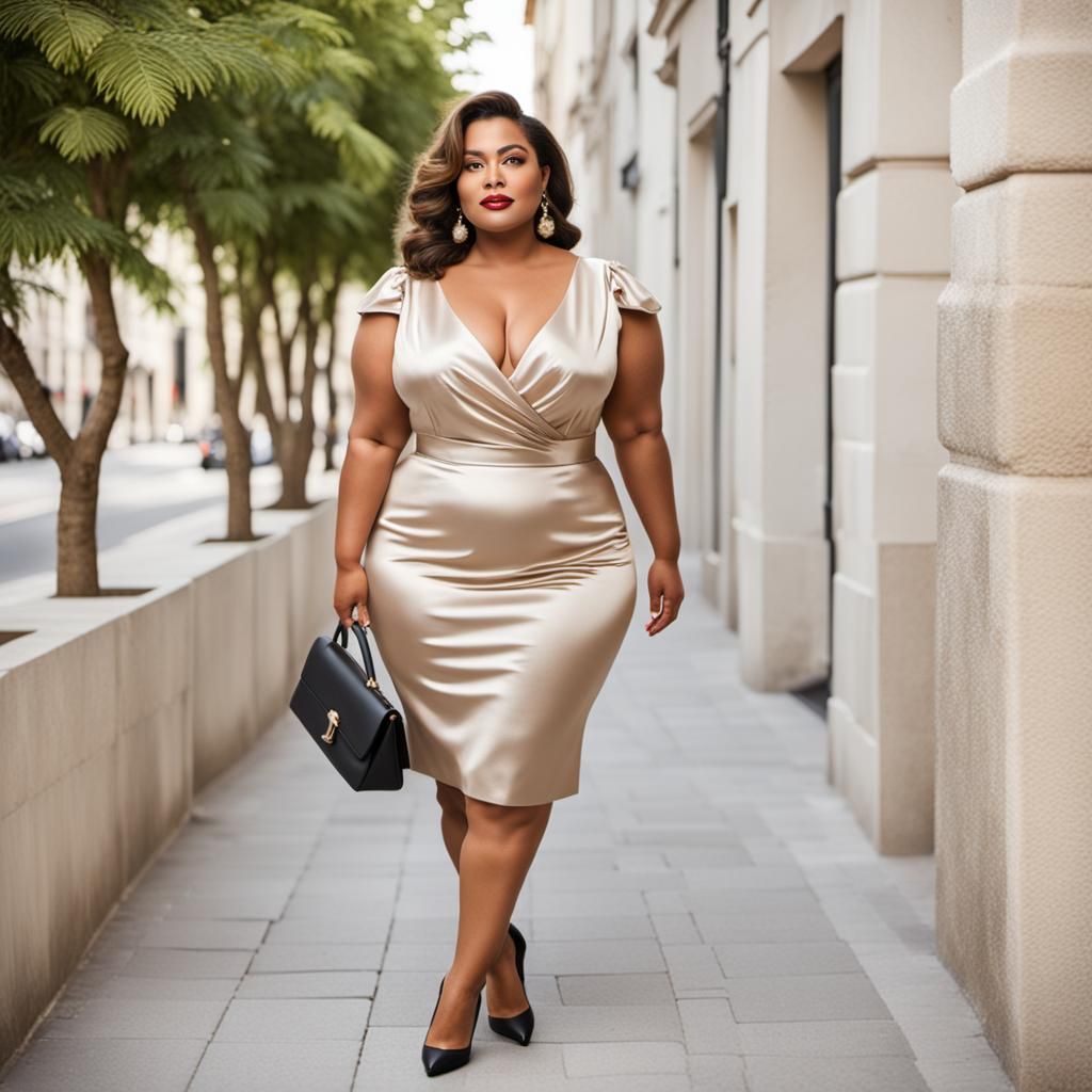 Curvy Woman in Elegant Silk Suit: AI Fashion