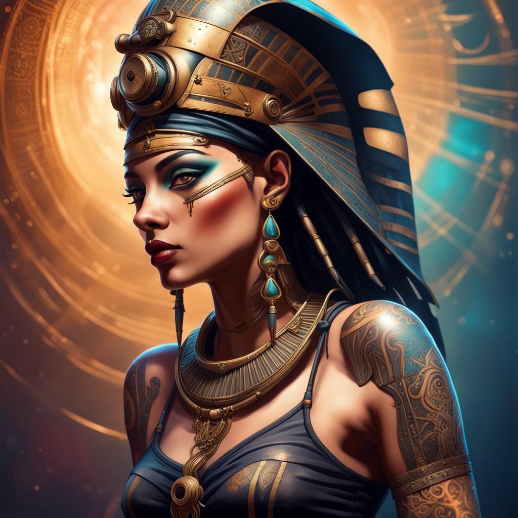 Steampunk Egyptian Goddess with Tattoos in Splash Art