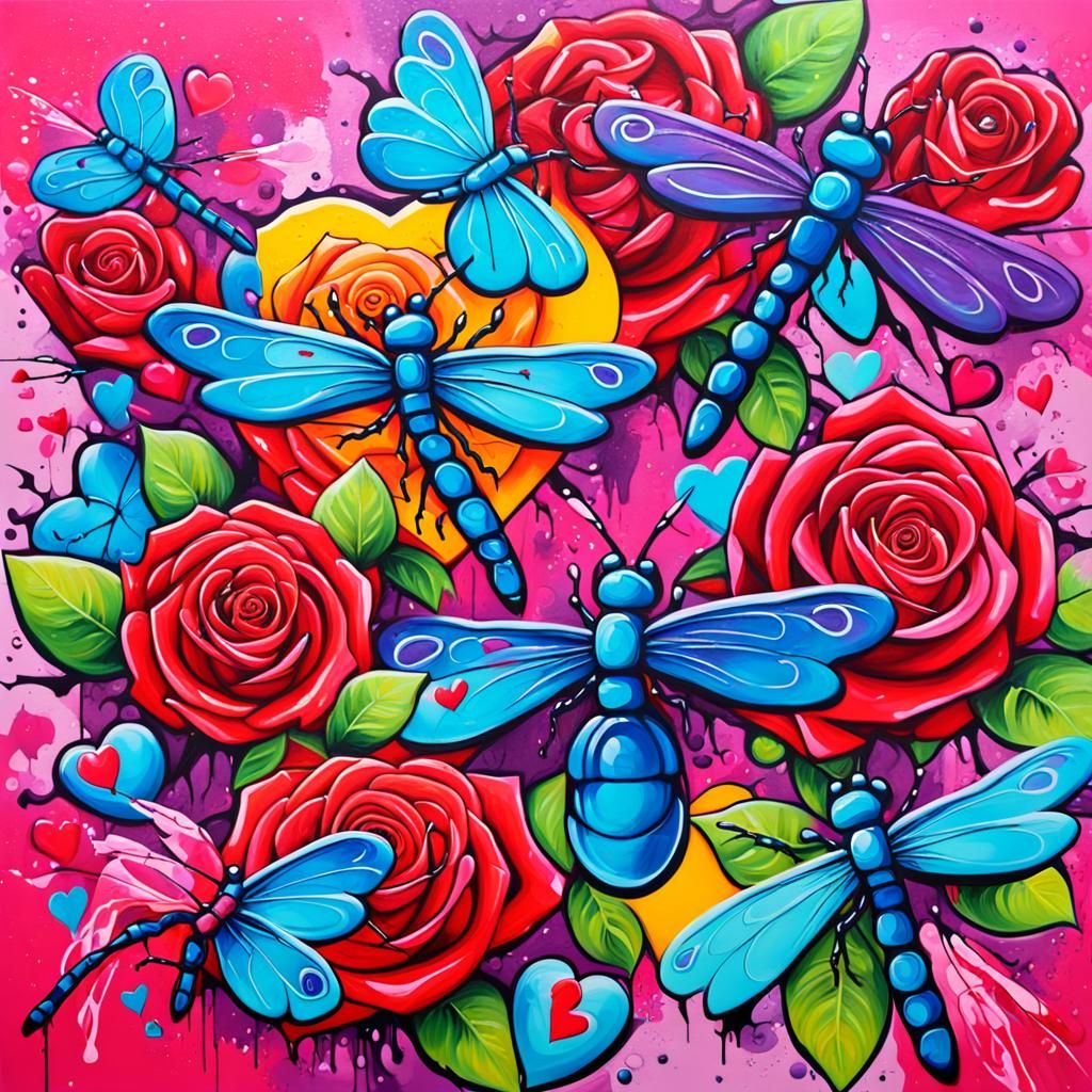 Super bright Roses, hearts and dragonflies