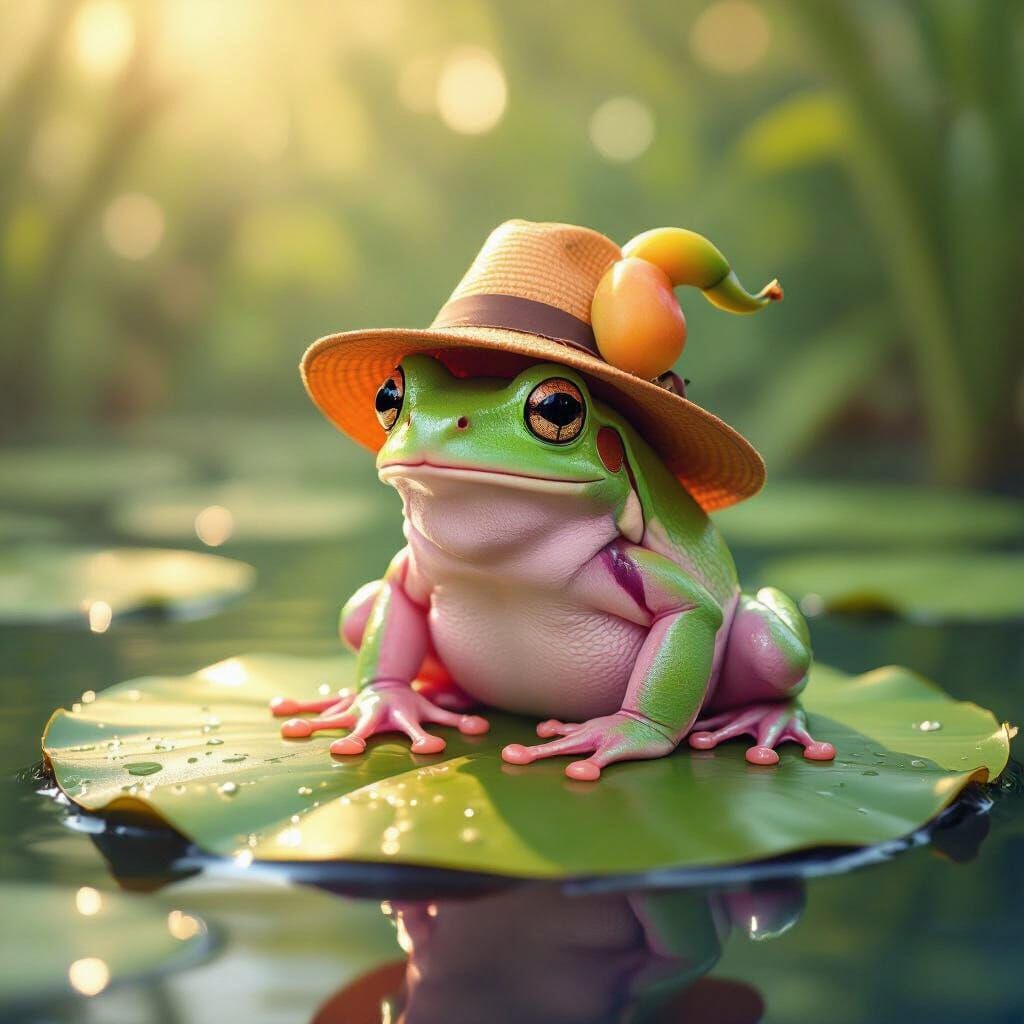 Pink Frog With Mango Hat On Lily Pad