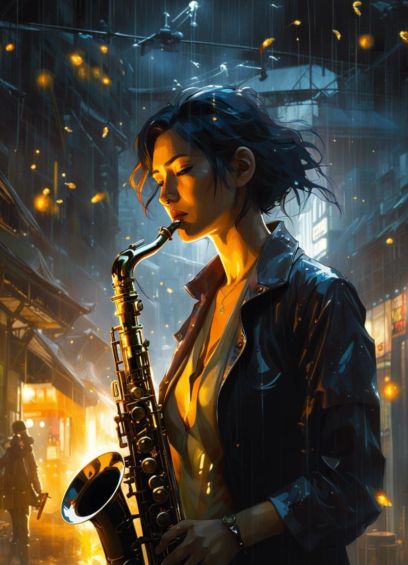 Woman Plays Saxophone in Rain, Digital Art