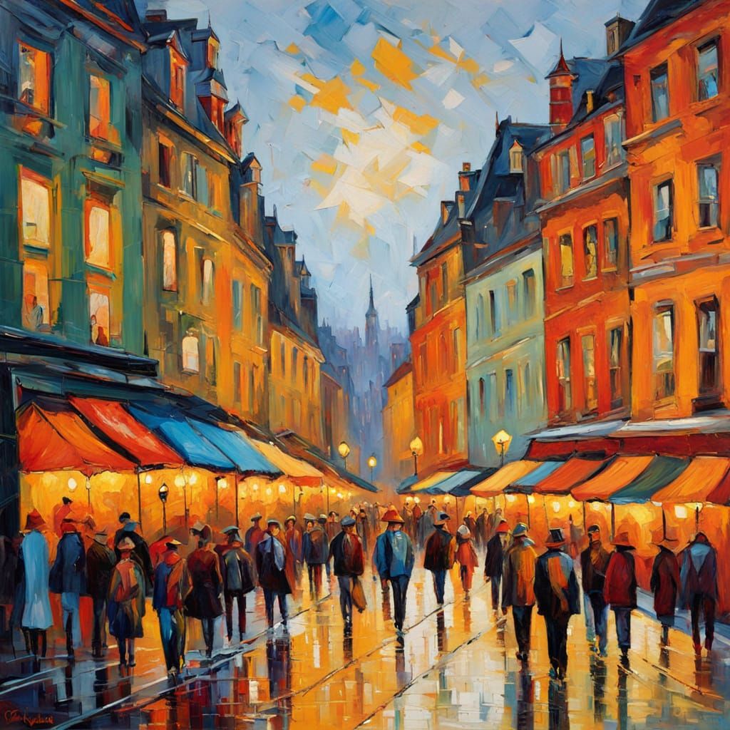 Vibrant Street Scene in Mons, Belgium - Neo-Expressionist Oi...