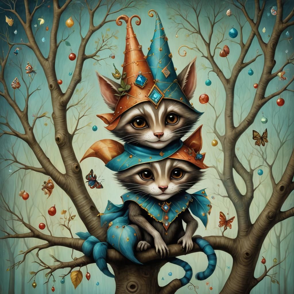 Surreal Harlequin and Raccoon, in a Dreamlike Style