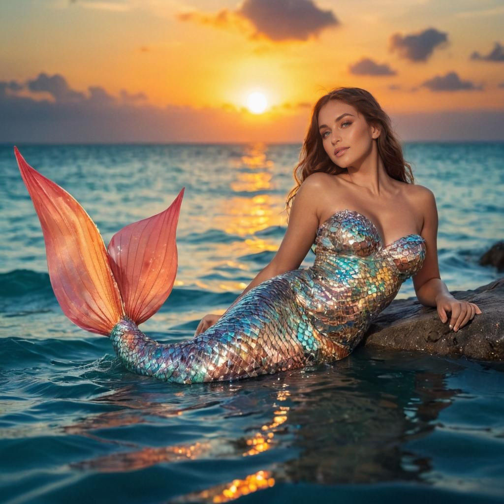 Serenely Radiant Mermaid Under Warm Sunset