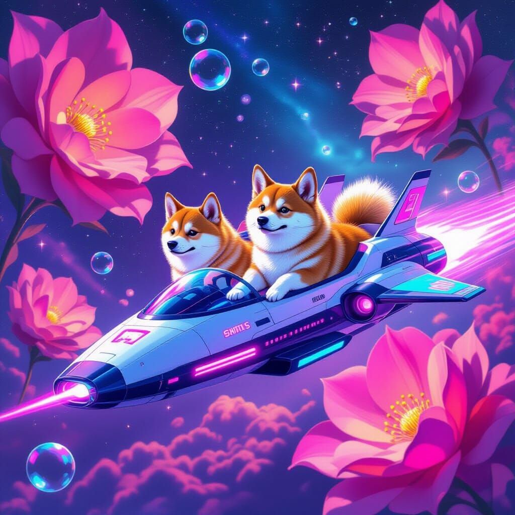 Dogs Piloting Spaceship Through Fuchsia Flower Galaxy
