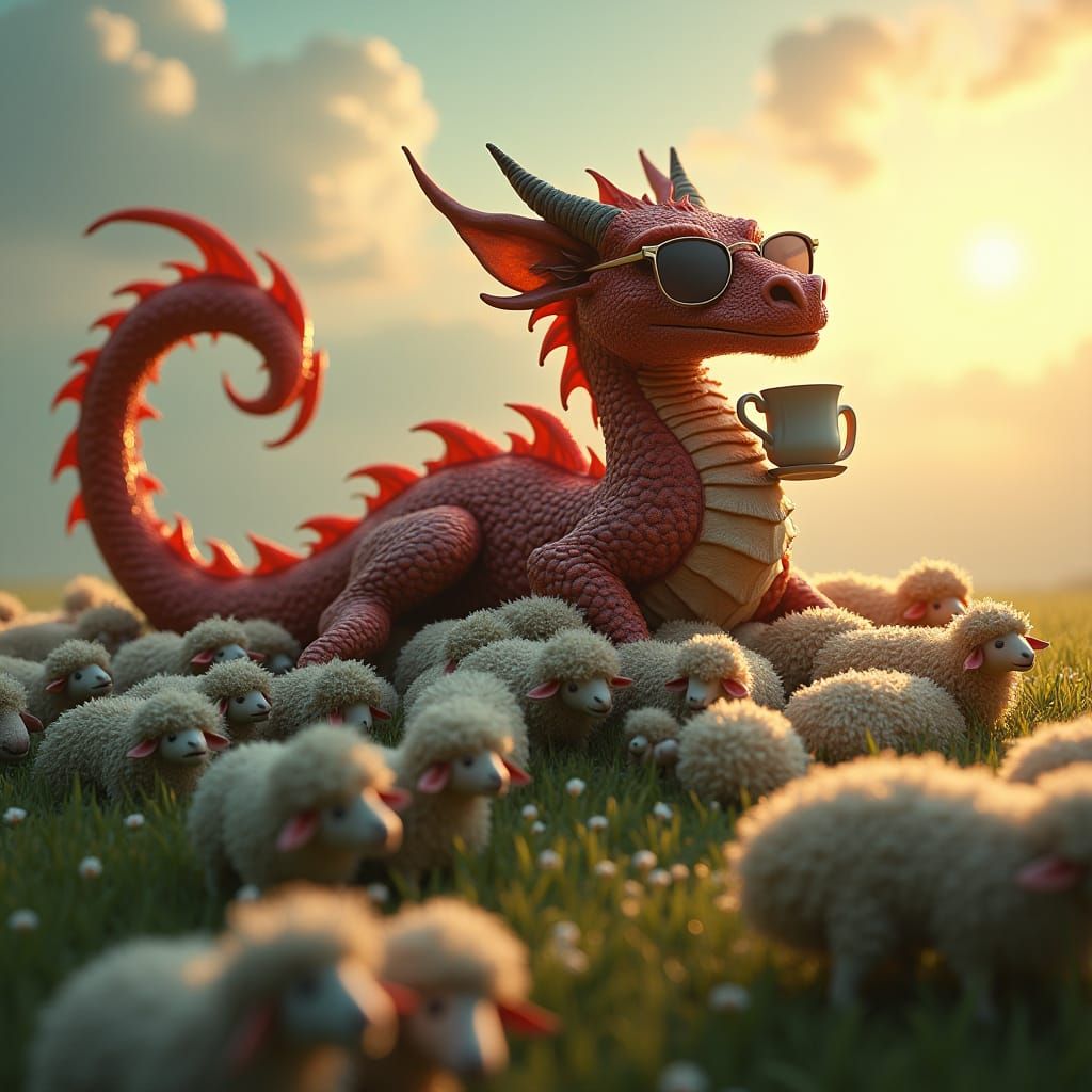 Dragon Sipping Tea on Sheep Pile
