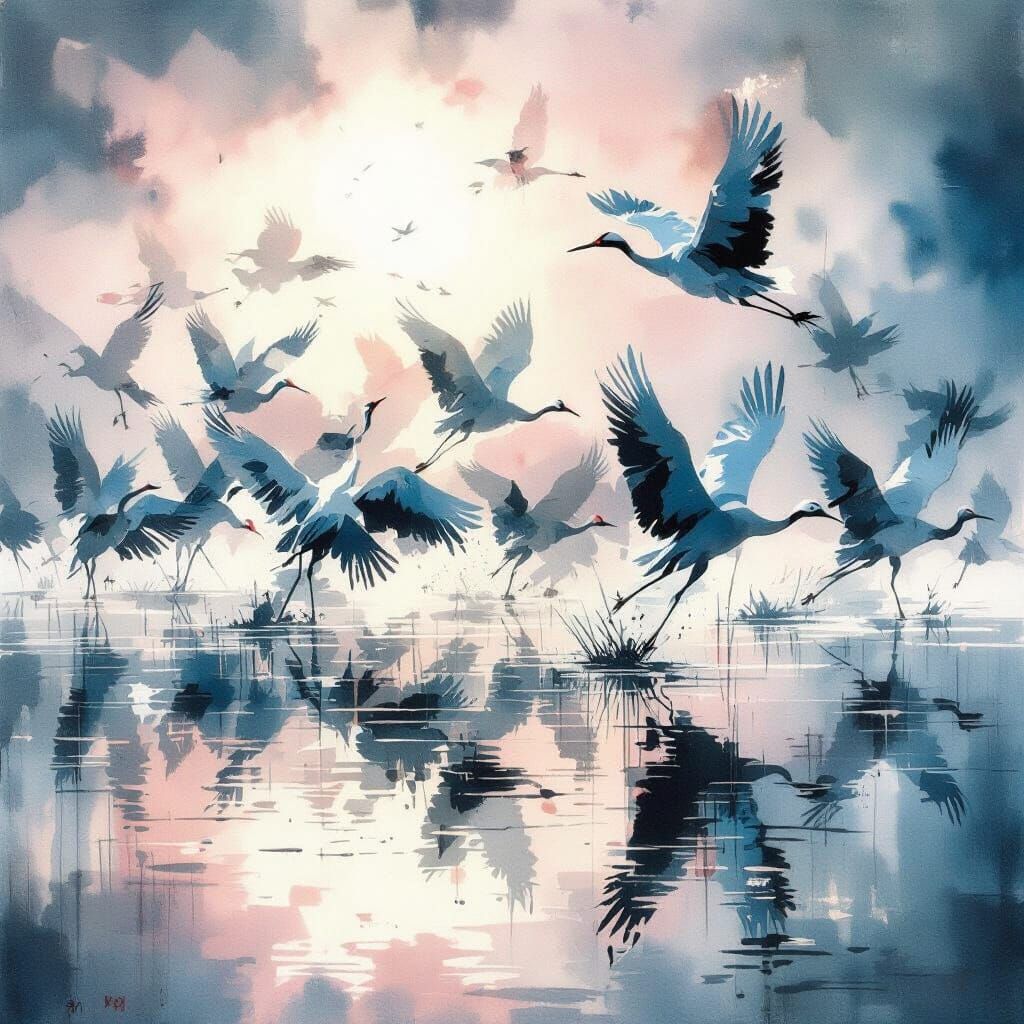 Cranes Take Flight Over Misty Marsh in Expressive Wash Style