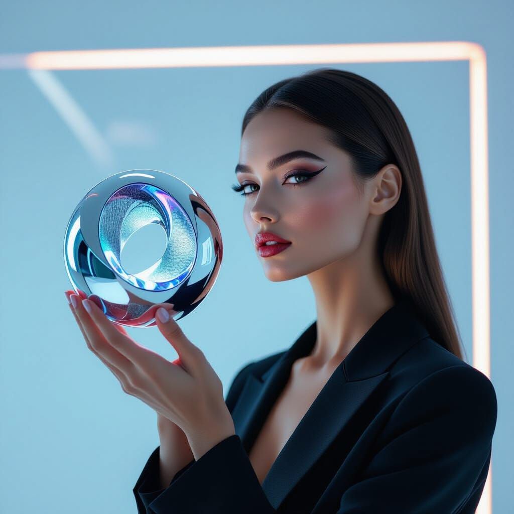 Woman Holds Gravity-Defying Sculpture in Futuristic Studio