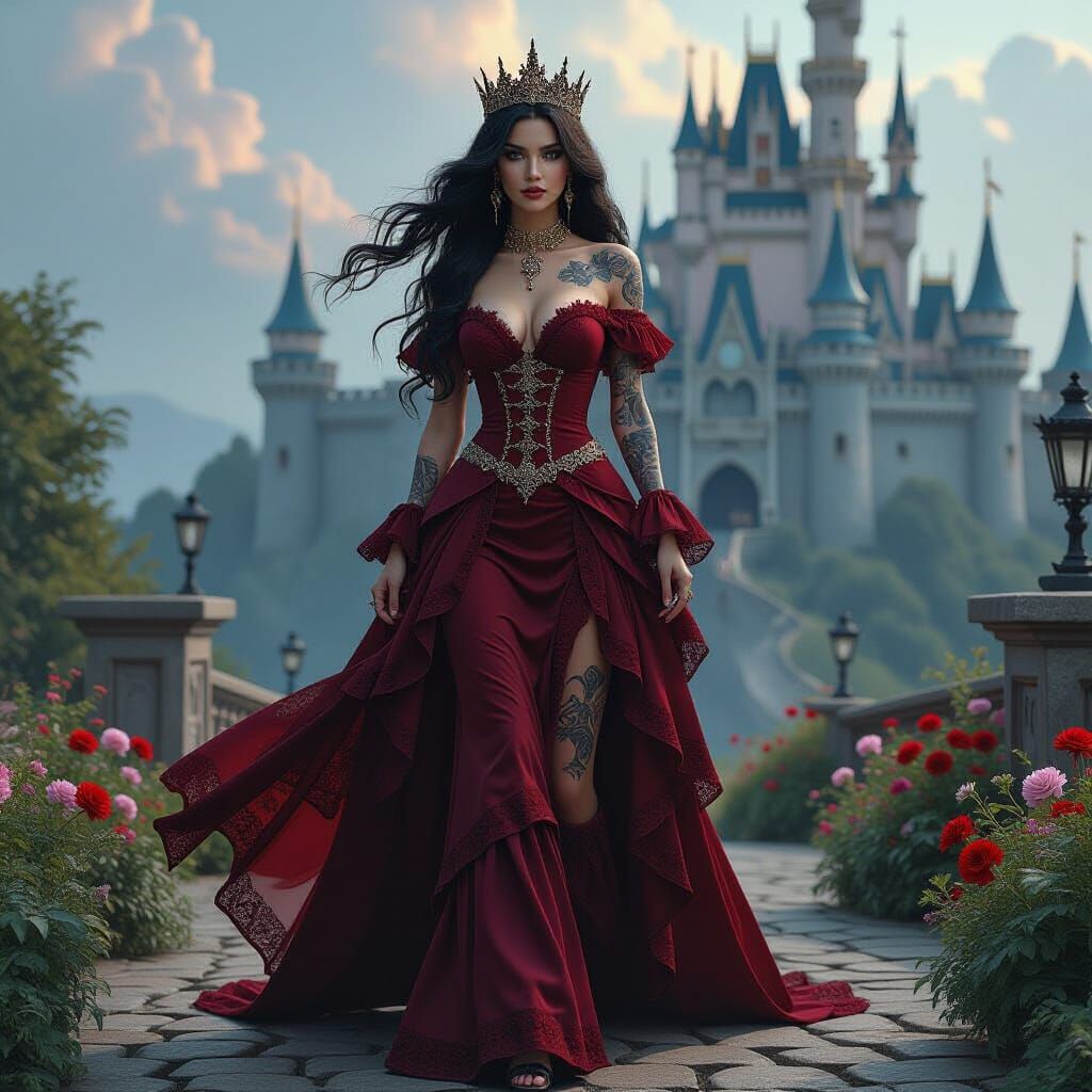 Gothic Enchantress with Castle in Fantasy Realism