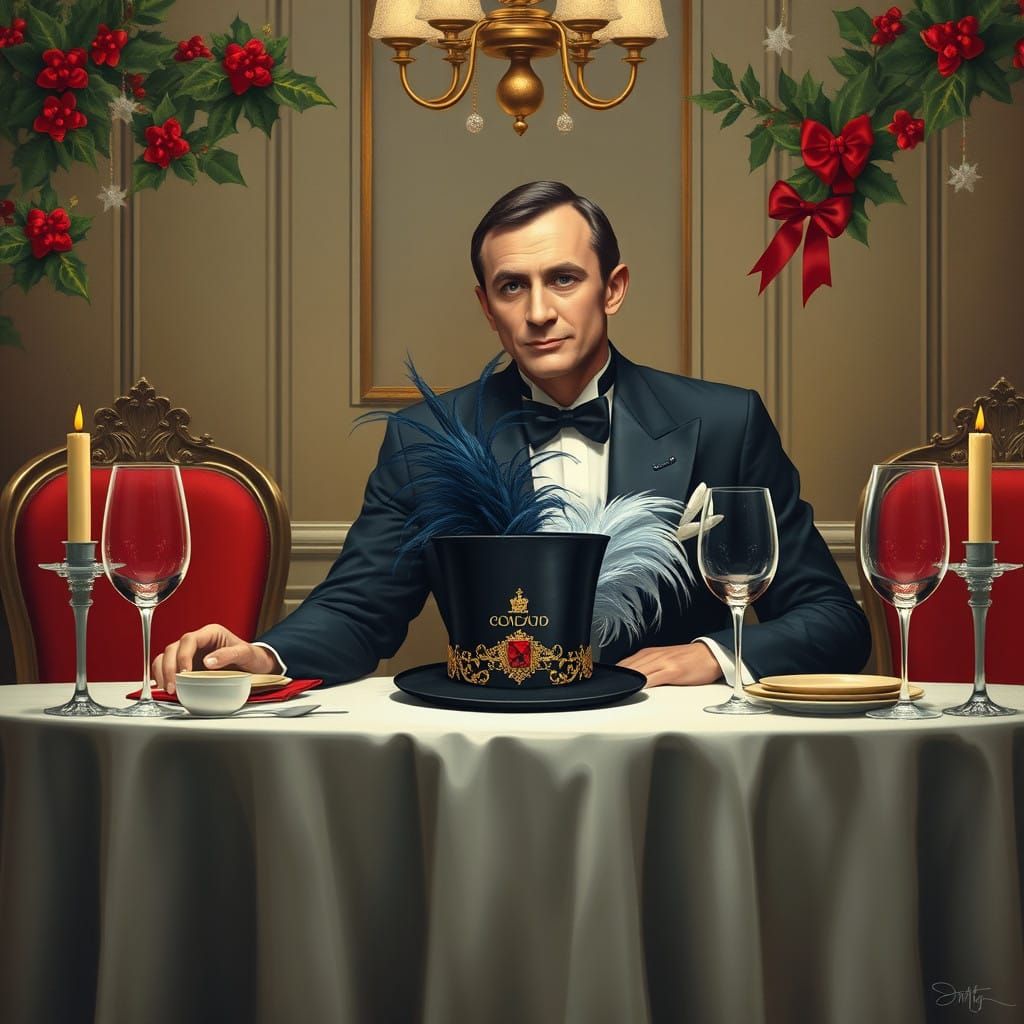 James Bond Savoring a Whimsical Christmas Hat