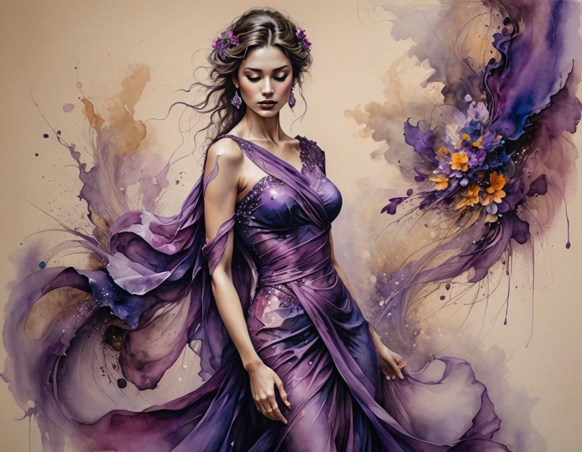 Woman in Purple Dress: Abstract Ink Drawing