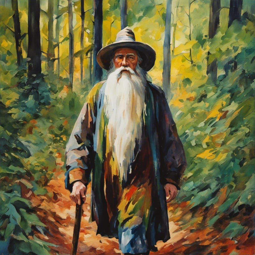 Old Mage in Forest, Gouache and Watercolor Style