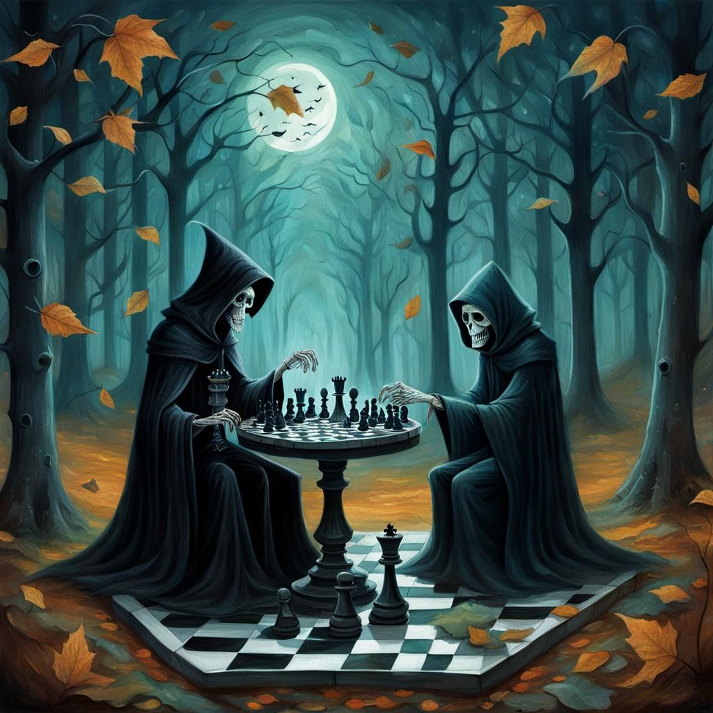 Grim Reaper Plays Chess in Enchanted Forest