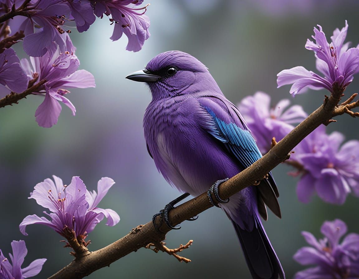 Vibrant Masterpiece of a Purple Bird Amidst Blooming Flowers