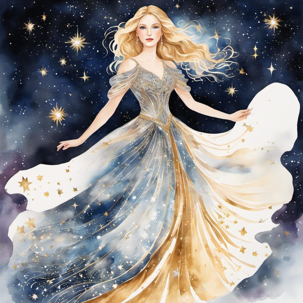 Princess in Galaxy Dress, Watercolor Poster Art
