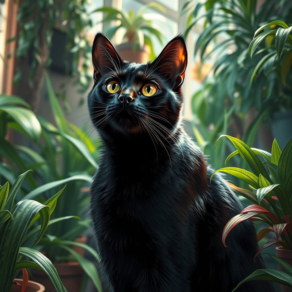 Surreal Black Feline Amidst Lush Greenery