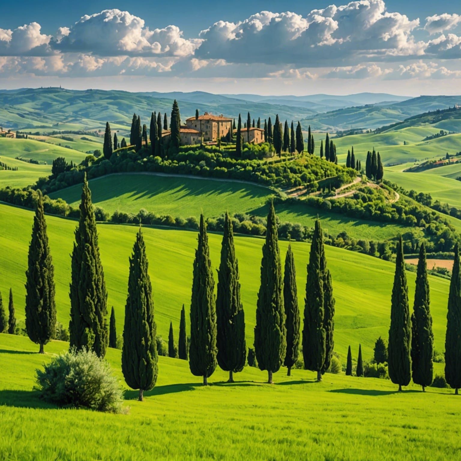 Hyperrealistic Tuscany Landscape with Cypress Trees