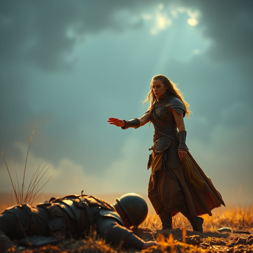 Valkyrie in Epic Cinematic Style, Reaching Out to Fallen Sol...