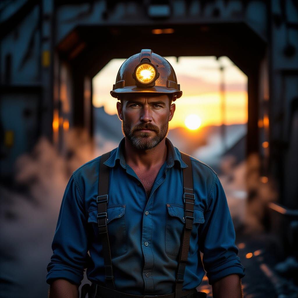 Soot-Covered Miner at Dusk, Neon Noir Style