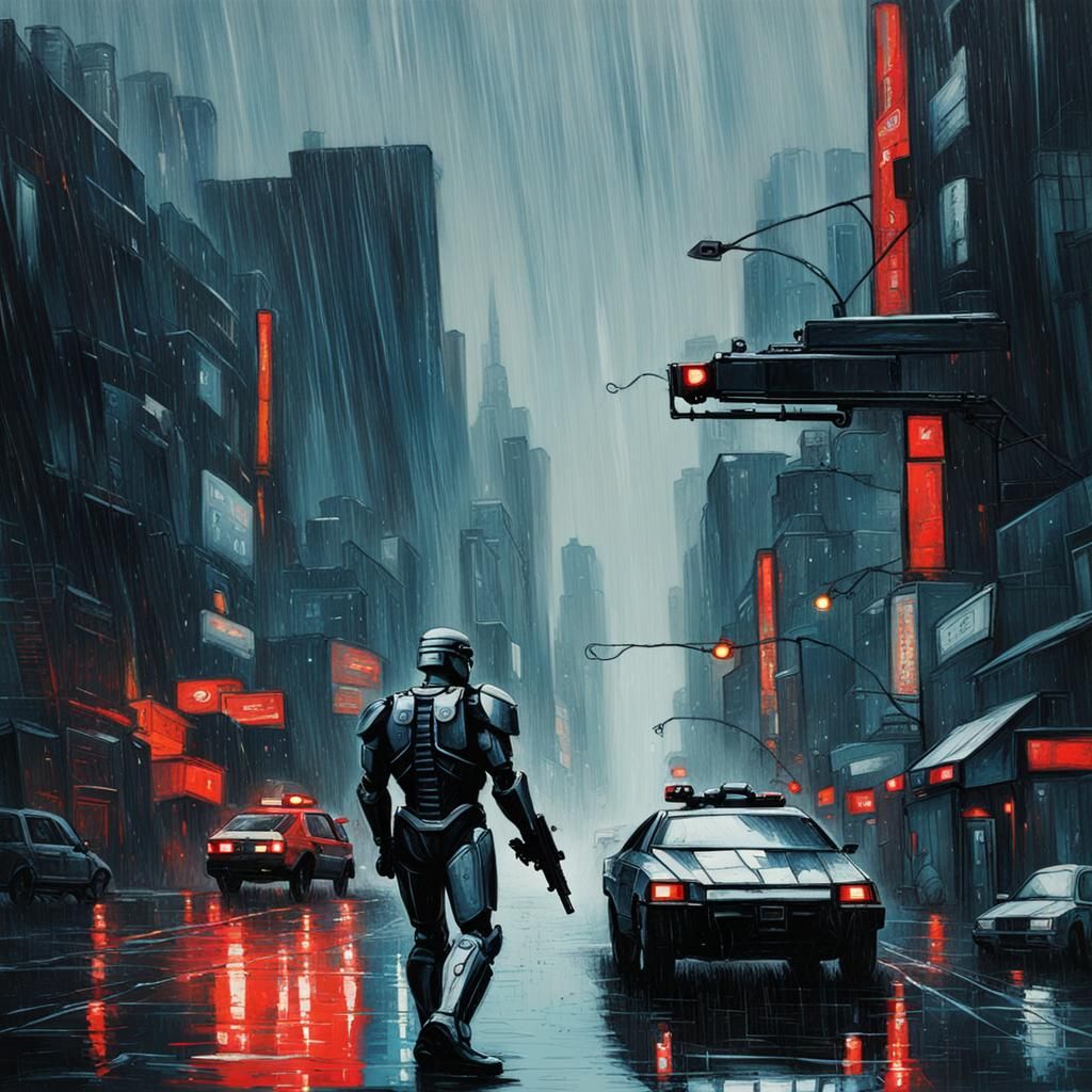 Robocop Shooting Gun in Rainy City, Abstract Art