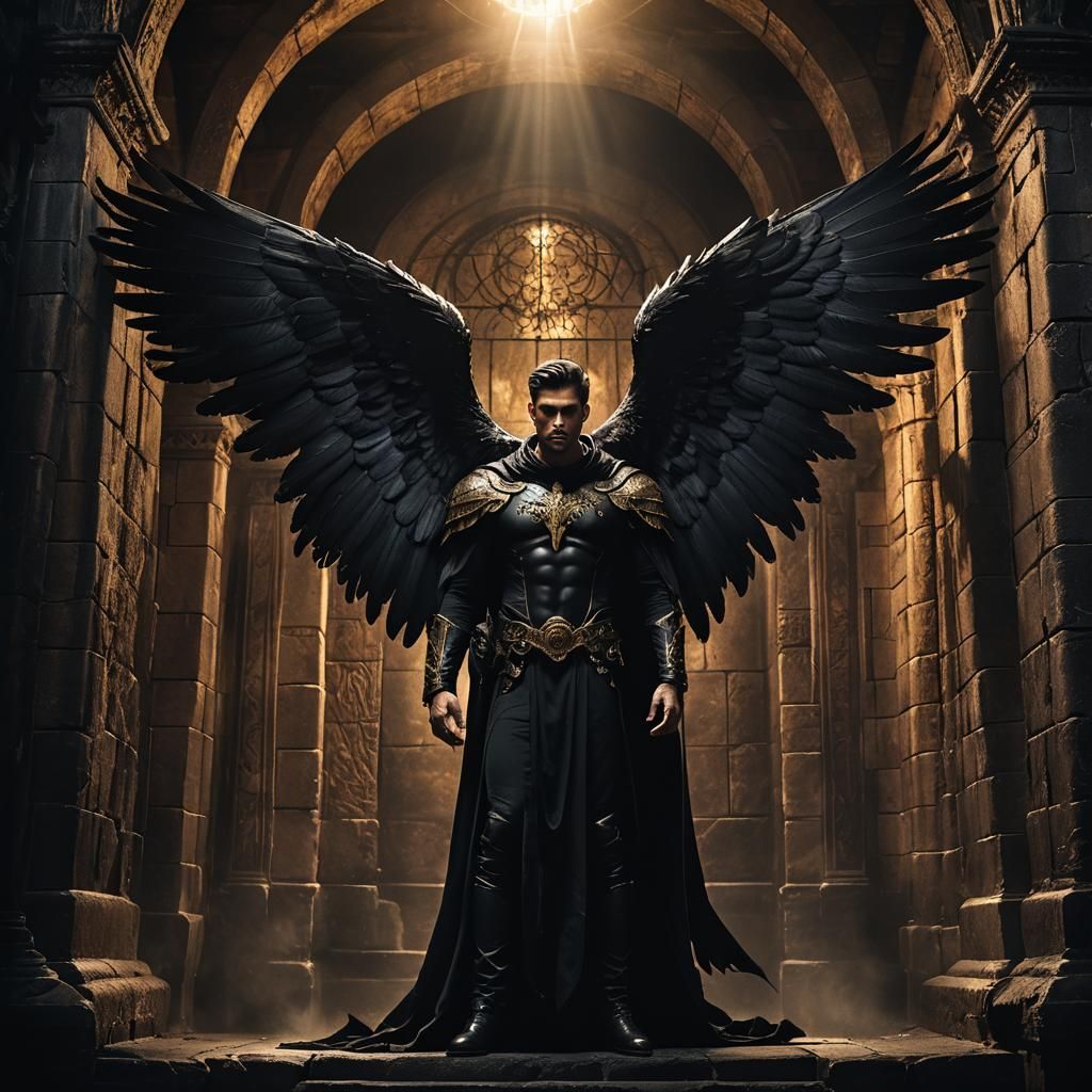 Tattooed Angel in Mystical Dark Fantasy Chamber