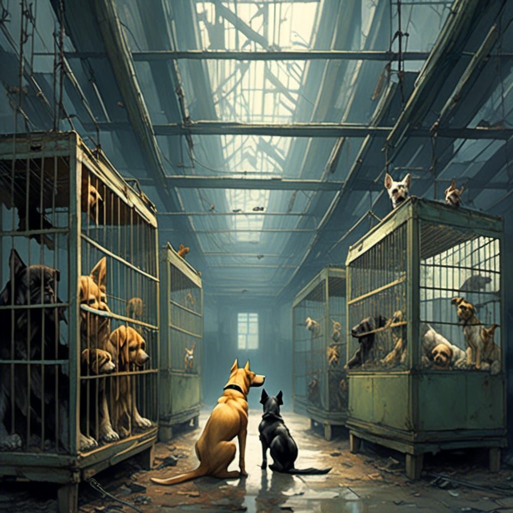 <lora:drawn:1.0> Dogs in cages in abandoned laboratory