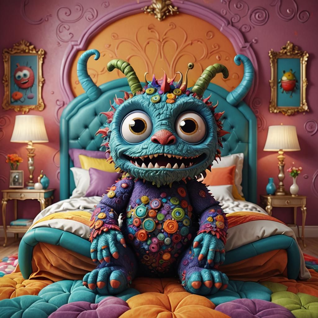 Cute Monster Baby in Colorful Bedroom, 3D Render