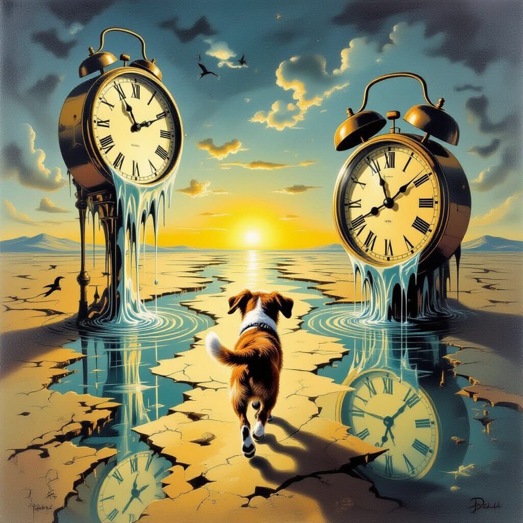 Surreal Dog Explores Melting Clock World