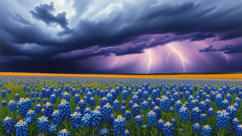 Dramatic Oil Pastel Landscape of Texas Bluebonnets in a Stor...