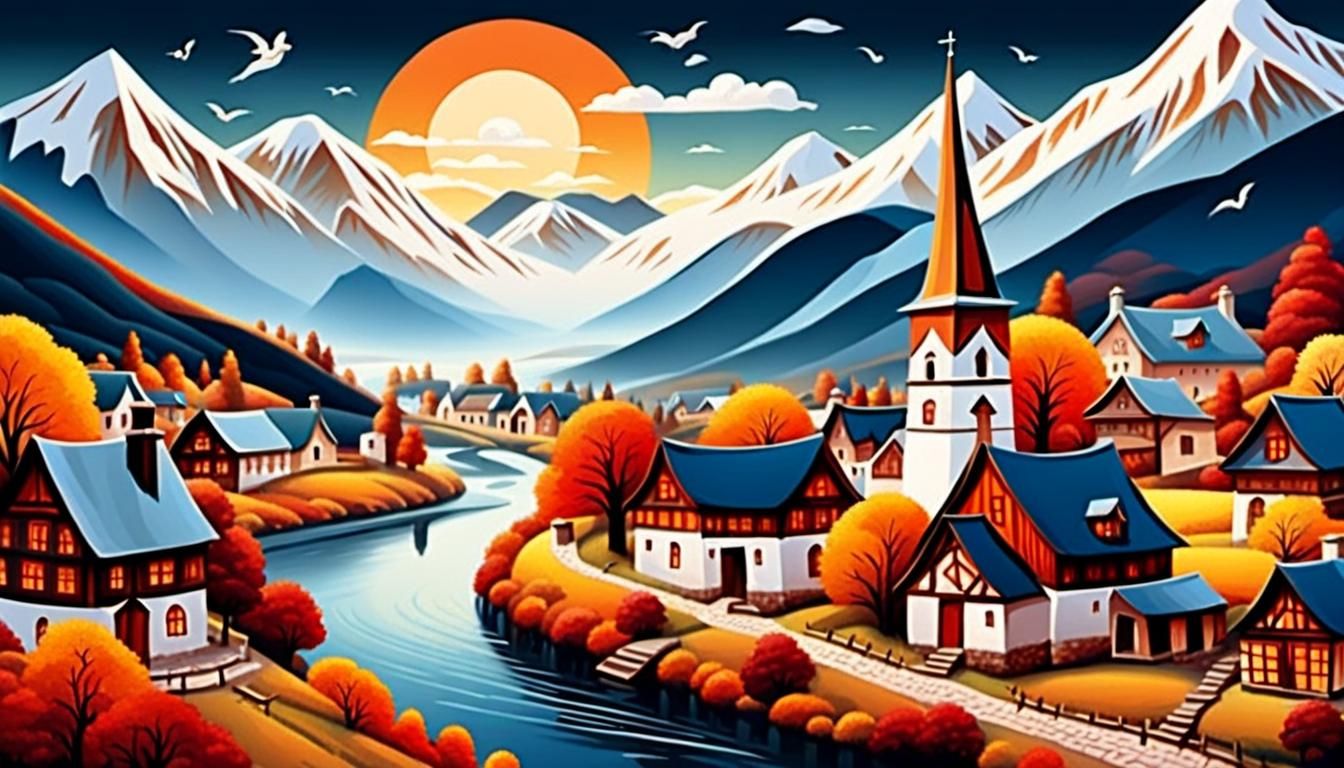 Autumn Village Scene with River and Church