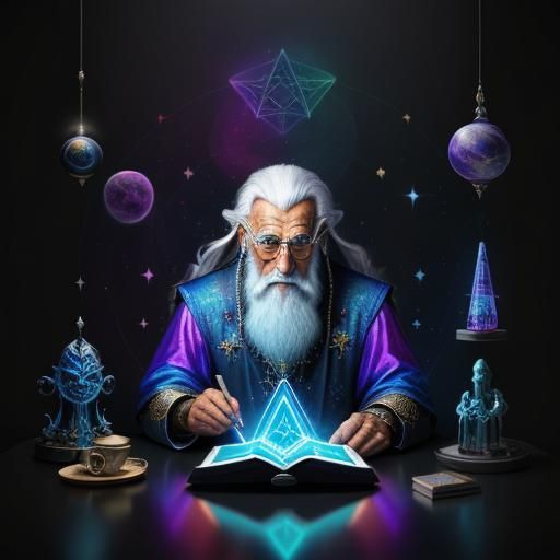 Cosmic Old Wizard Illustration in Pablo Amaringo Style