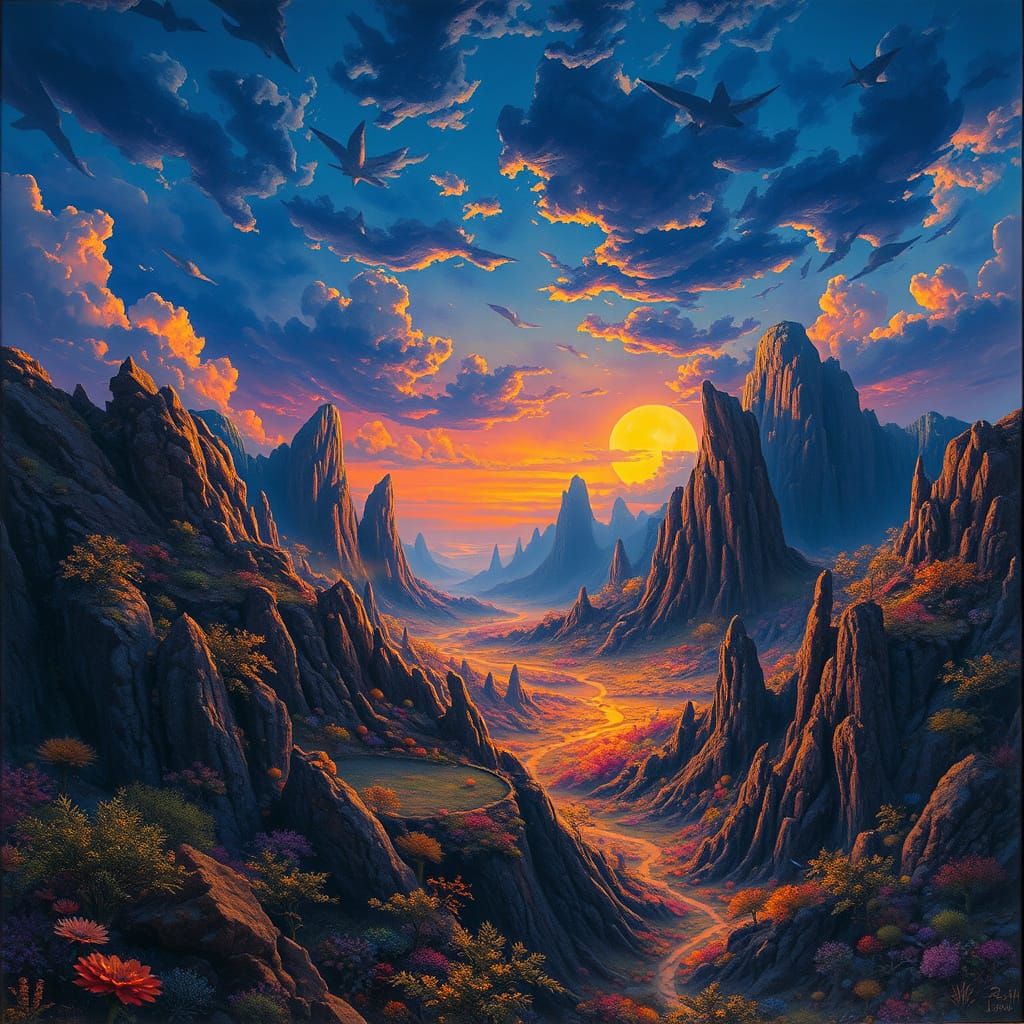 Mystical Realm Under Golden Sunset