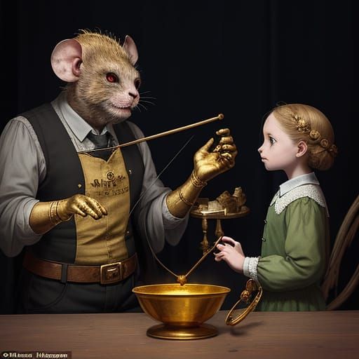 A Frightened Mouse Woman and a Sinister Monster in a Gold Sp...