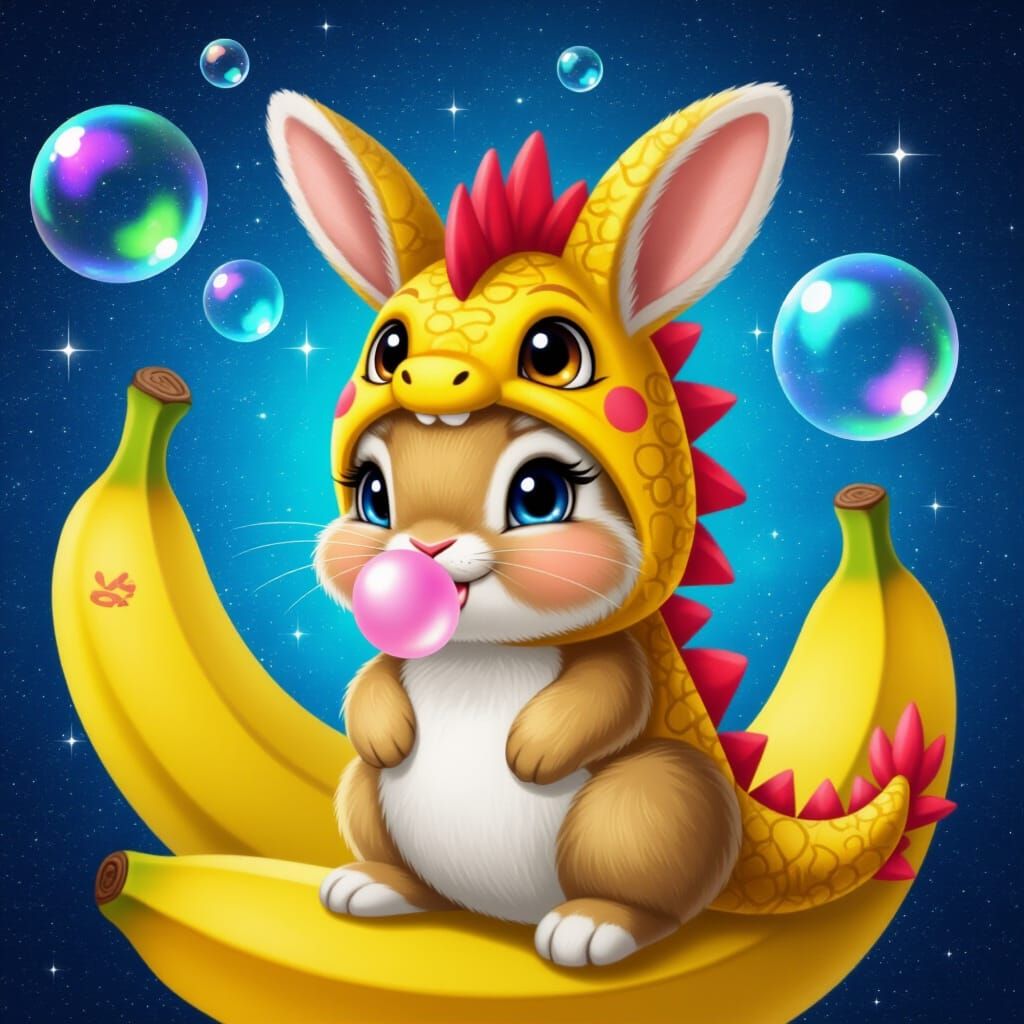 Cute Bunny in Dragon Hat Blowing Bubbles
