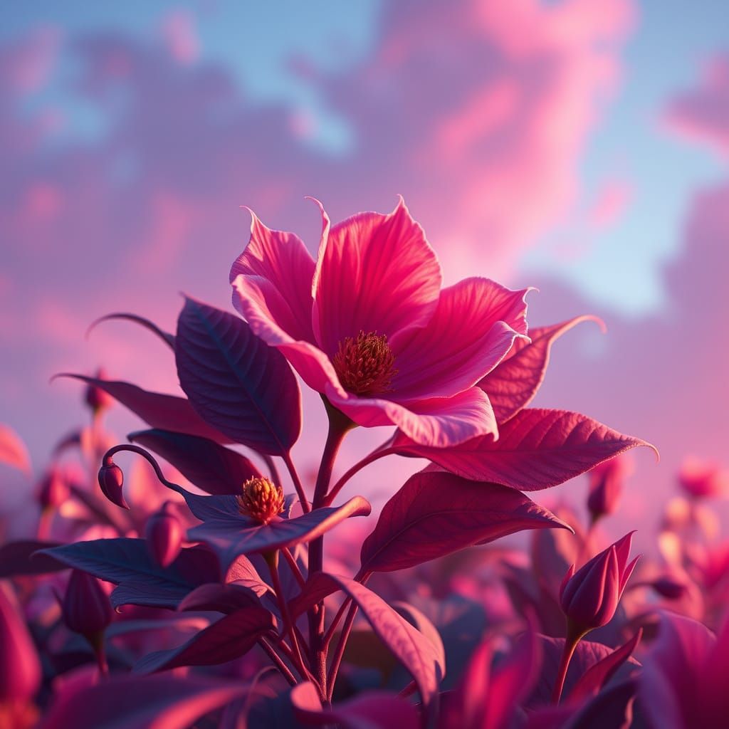 Surreal Rosa Bloom in Dreamlike Landscape
