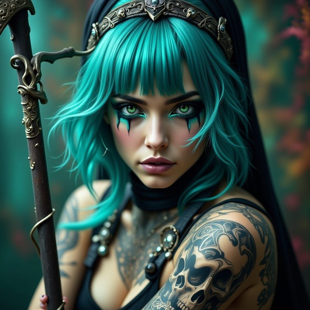 Turquoise-Haired Scythe Wielder in Hyperreal Digital Art