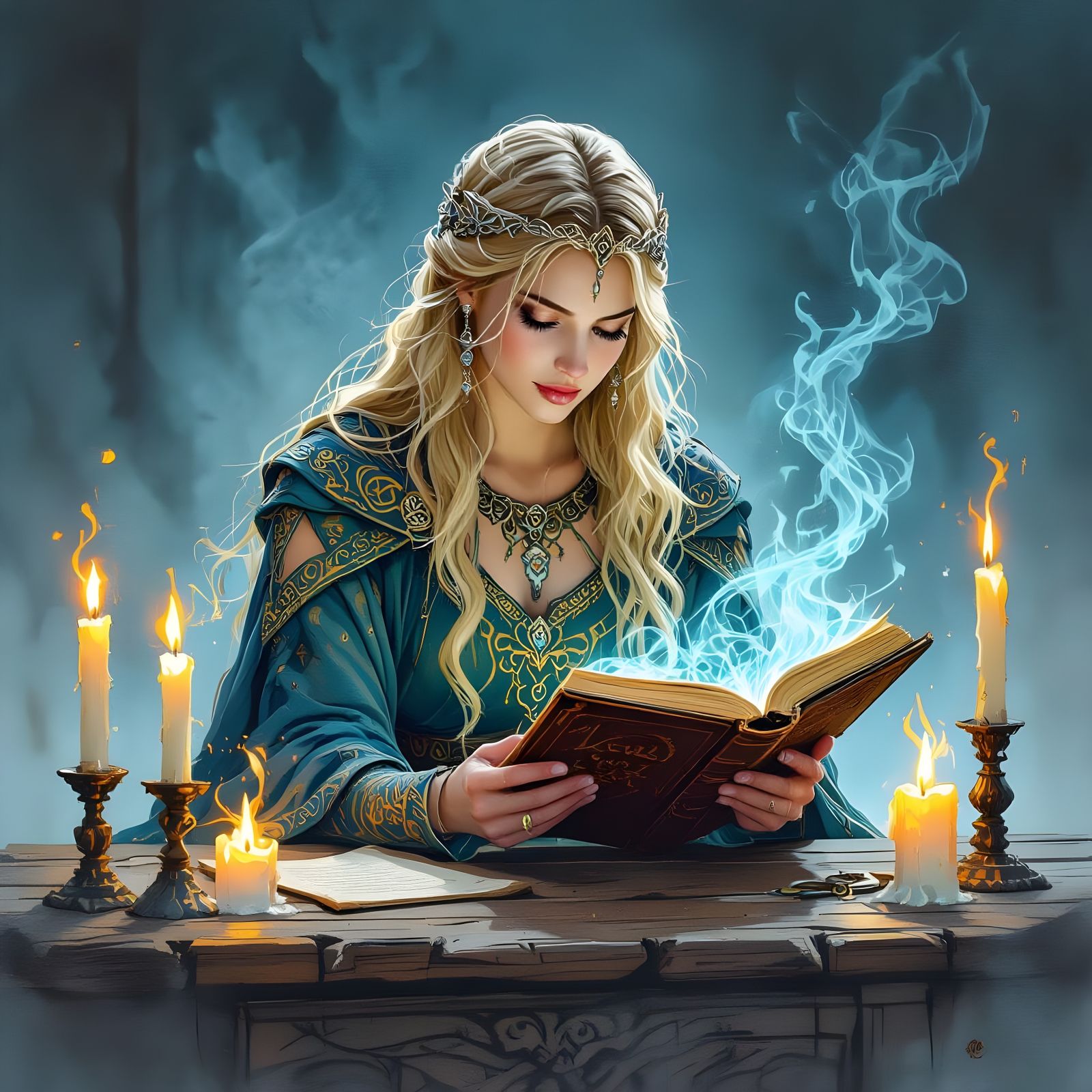 Norse Goddess Reading Tome as Dark Watercolor Art