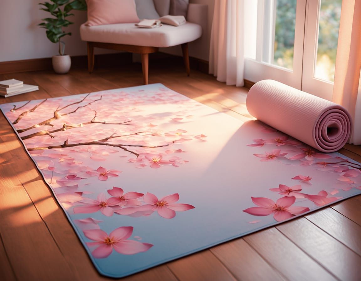 Sakura Yoga Mat in a Peaceful Room, Anime Illustration