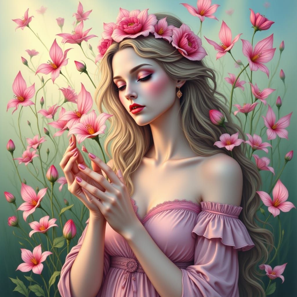 Goddess of Pink Strawberry Butterflies in Japanese Watercolo...