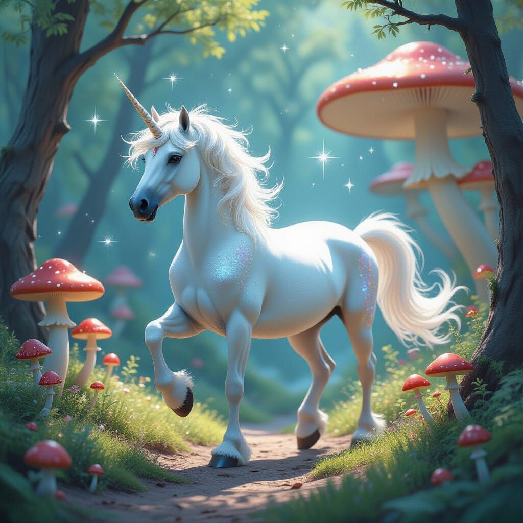 Ethereal Unicorn in Enchanted Mushroom Grove