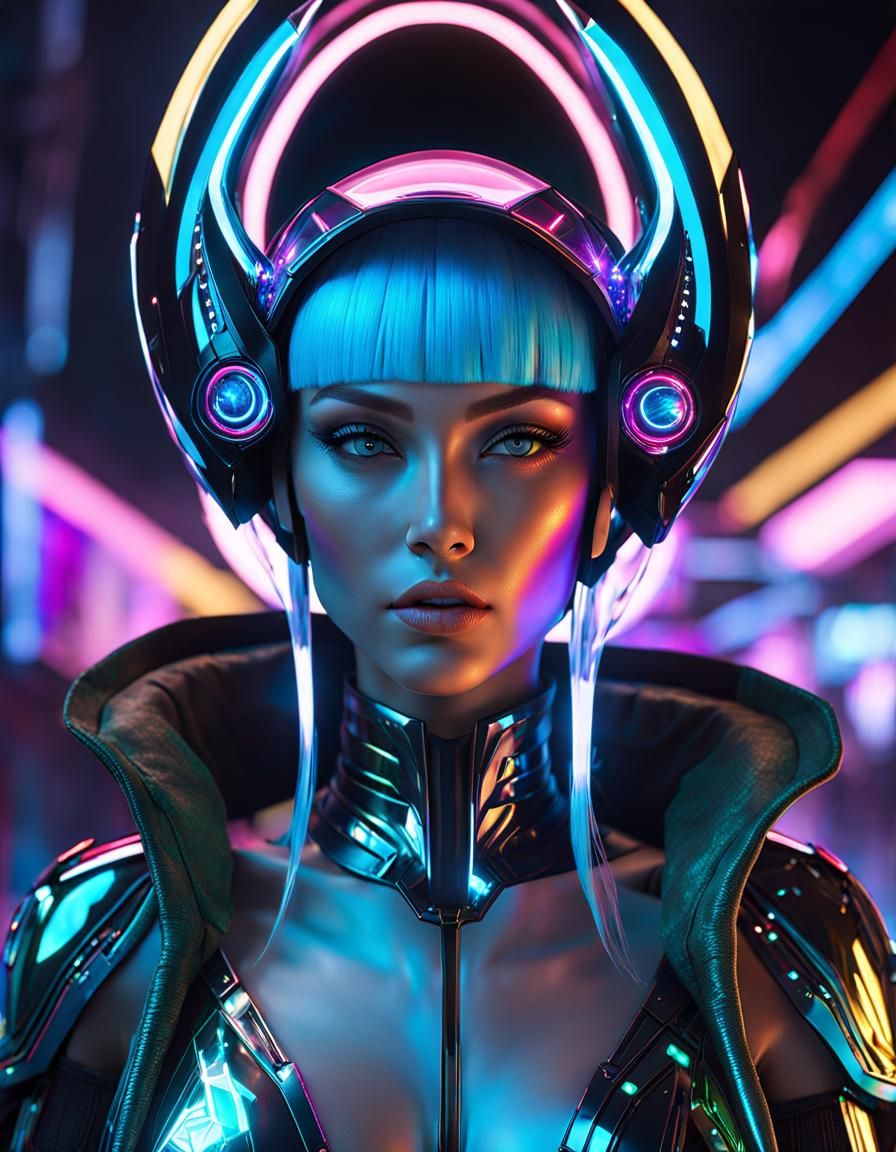 Cyberpunk Elf Android Girl with Neon Clothing