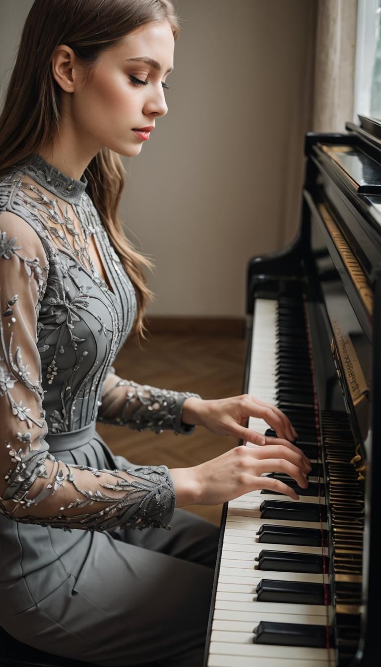 Girl Plays Piano Focusing on Her Hands