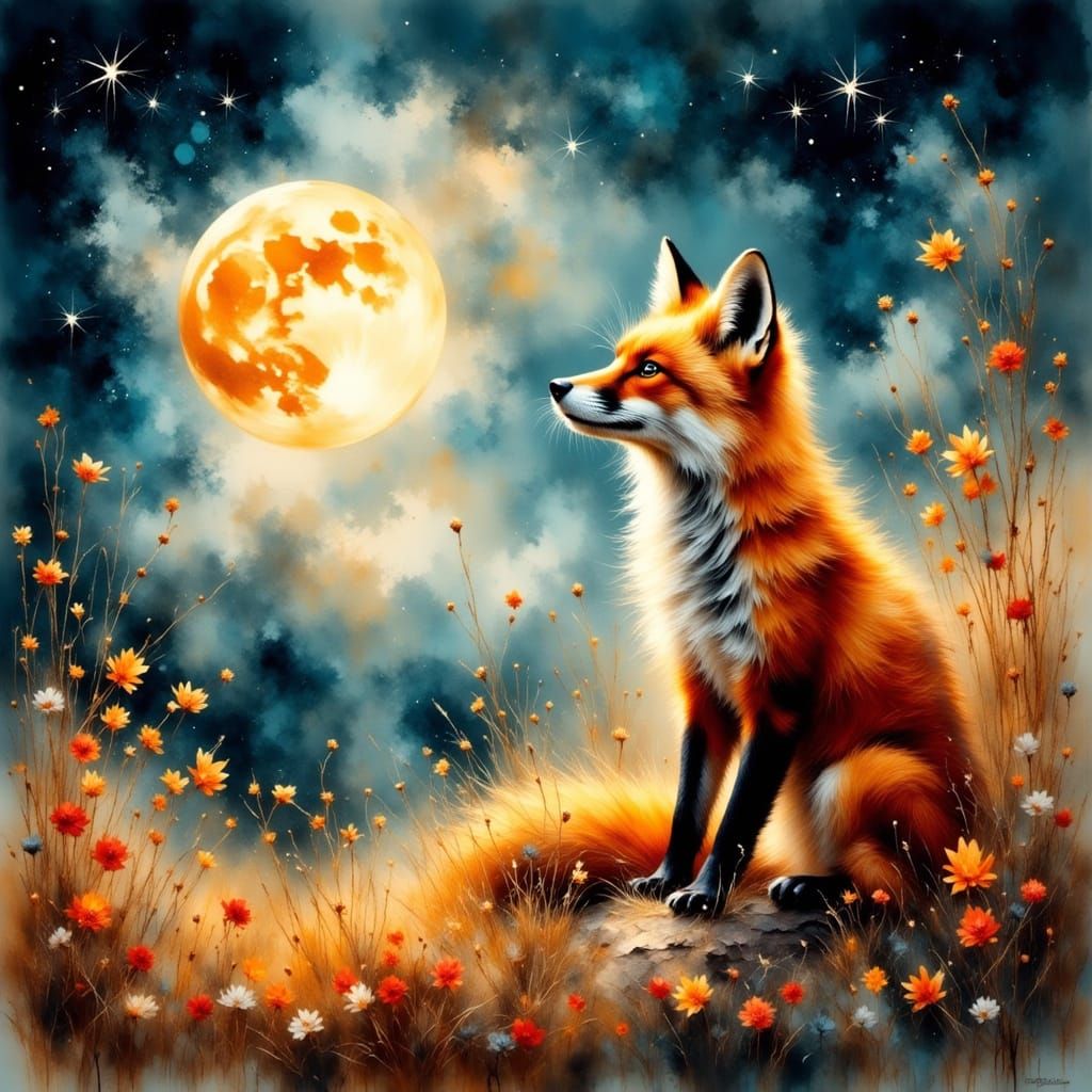 Whimsical Fox Gazing at the Moon in a Vibrant Starry Night